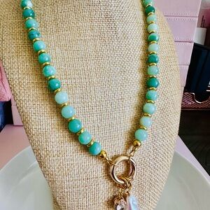 Chic Amazonite and Gold Beaded Necklace. Pearl and Clear Quartz Stone Pendants.